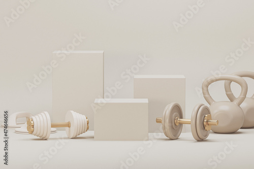 Sport equipment background for healthy lifestyle packaging presentation. Set of sport items on pastel cream and beige background. Trendy 3d render for fitness, female concept, lifting in the gym.