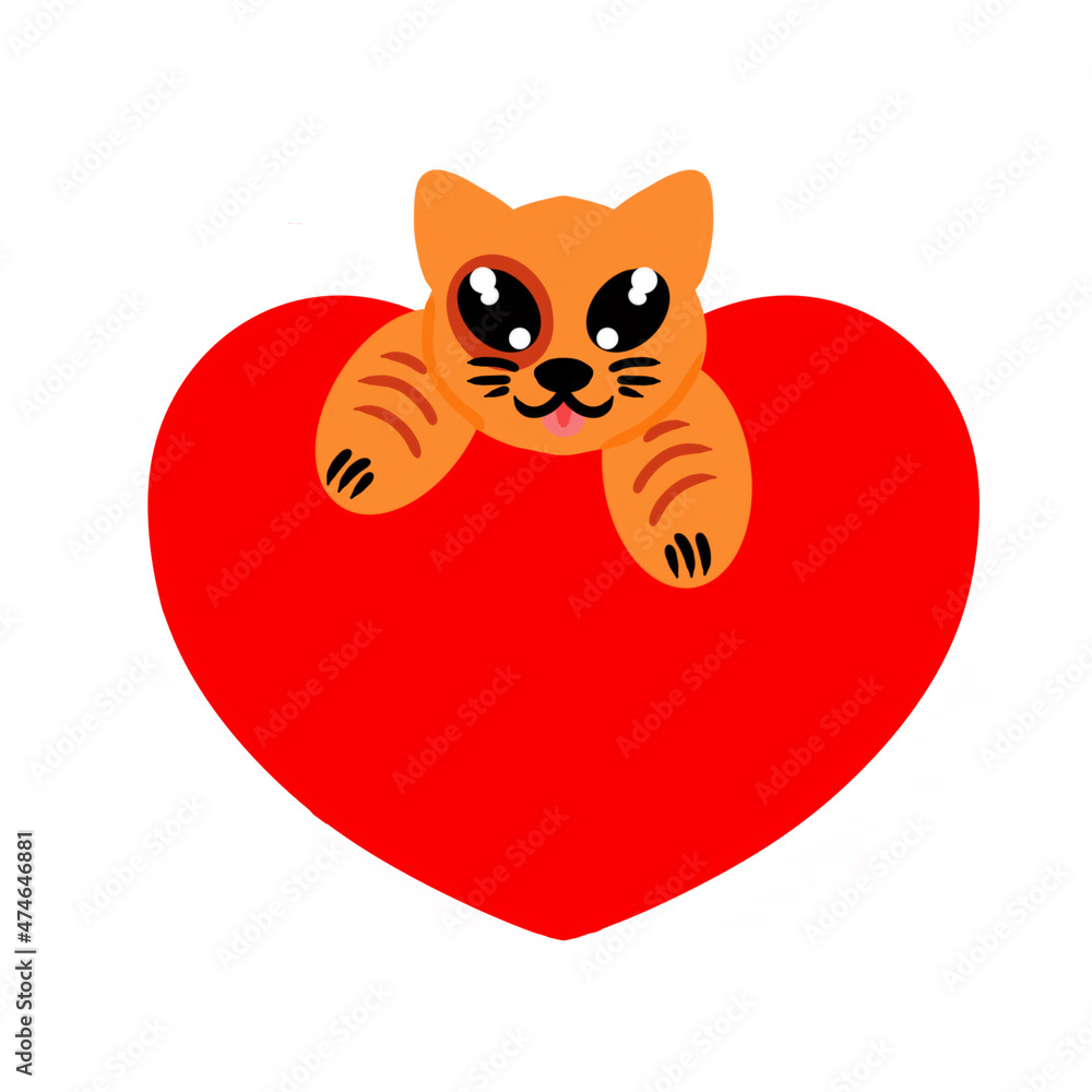 Adorable ginger cat lies on big red heart. Image for valentines day. Vector illustration. Design element for formation of thematic sites of postcards office clothing