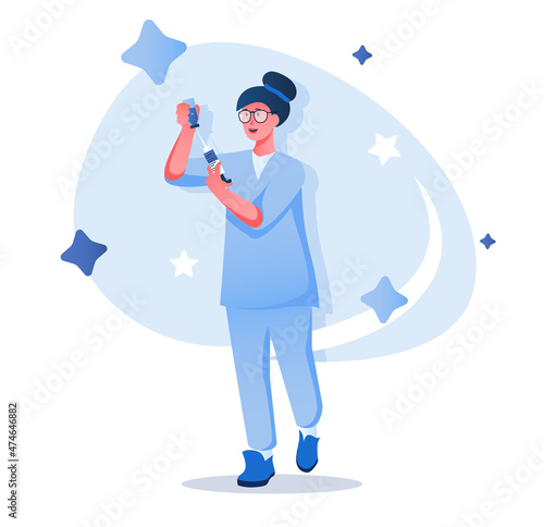Nurse with syringe flat character concept for web design. Woman in uniform works in medical clinic, doctor assistant, modern people scene. Vector illustration for social media promotional materials.