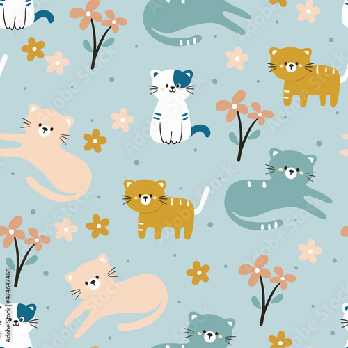 Seamless pattern cute cartoon of cat and leaves. spring collection wallpaper, for fabric print and scarf