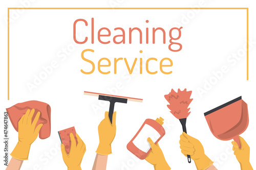 Cleaning service vector banner isolated. Many hands in gloves with different tools for domestic work. Sponge, detergent, feather duster.