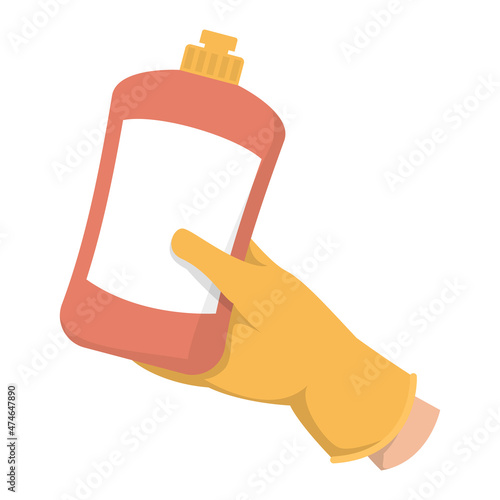 Hand in glove holding dishwashing liquid vector isolated. Red plastic bottle full of liquid soap. Hand in protective glove. Idea of cleaning service.