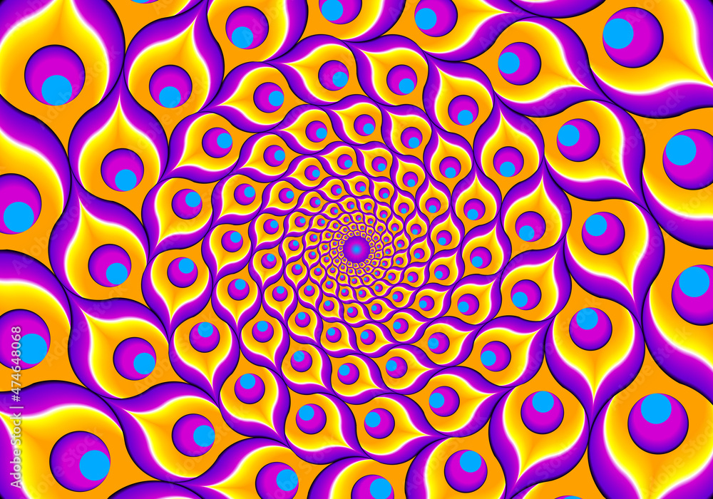 Fototapeta premium Yellow background from feathers of peacock. Spin illusion.
