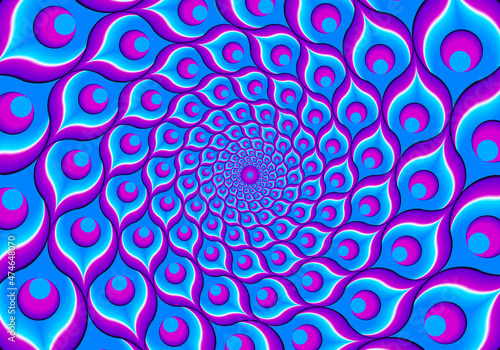 Blue background from feathers of peacock. Spin illusion.