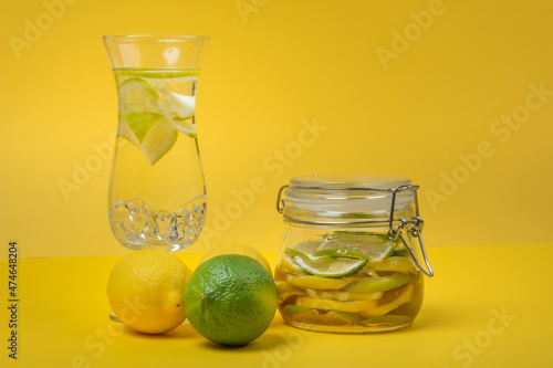 Water with lemon and honey. Best start of the day. Healthy drink.. Front view. Horizontal
