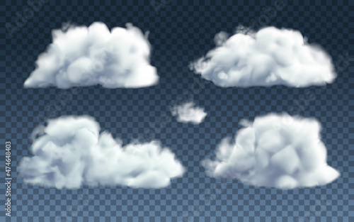 Realistic clouds set isolated on transparent background. Vector fluffy smoke collection in a blue sky.