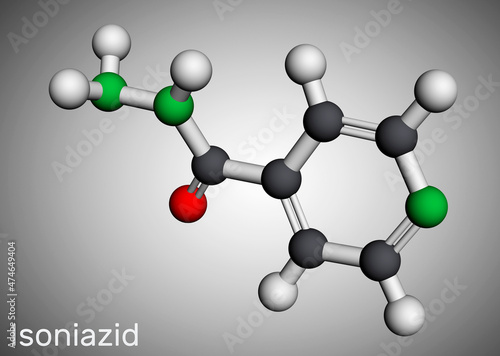 Isoniazid, isonicotinic acid hydrazide, INH molecule. It is antibiotic, used to treat mycobacterial infections, primarily tuberculosis. Molecular model. 3D rendering photo