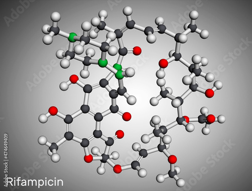 Rifampicin, rifampin molecule. It is semisynthetic antibiotic used to treat mycobacterial infections, leprosy, tuberculosis, Mycobacterium avium complex. Molecular model. 3D rendering photo
