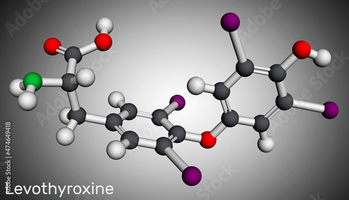 Levothyroxine, L-thyroxine, molecule. It is synthetic form of the thyroid hormone thyroxine, T4 hormone, used to treat hypothyroidism. Molecular model. 3D rendering photo