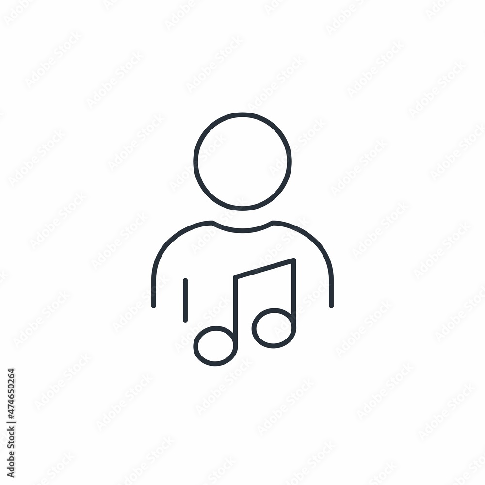 Man and notes. Composer. Music producer, performer. Vector linear icon isolated on white background. Man and notes. Composer. Music producer, performer. Vector linear icon isolated on white background.