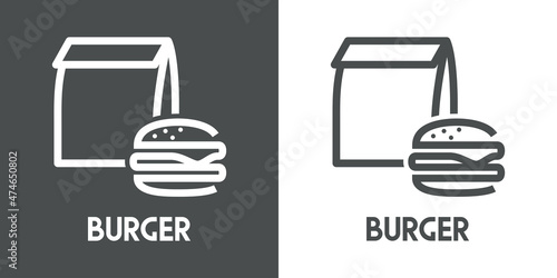 Comida para llevar. Banner con texto Burger con hamburguesa en bolsa de papel con líneas en fondo gris y fondo blanco