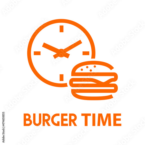 Banner con texto Burger Time con hamburguesa en esfera de reloj simple con líneas en color naranja
