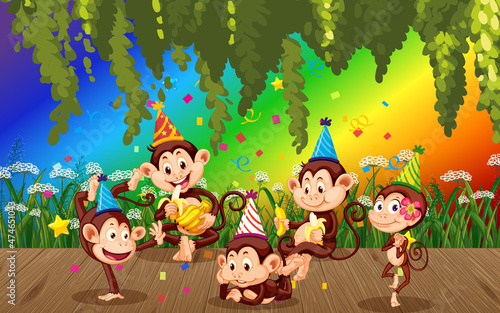 Happy monkeysin the forest on gradient rainbow background