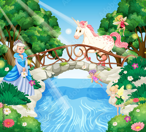 Enchanted forest scene with Princess and unicorn