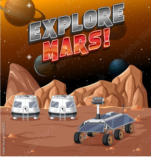 Space station on planet with Explore Mars logo