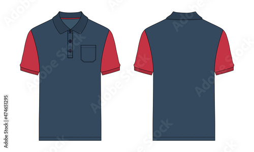 Two tone Navy, Red Color Short Sleeve Polo shirt Vector Illustration Template Front, Back views.