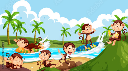 Beach scene with monkeys doing different activities