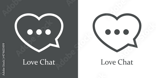 Logotipo con texto Love Chat con corazón con forma de burbuja de habla con líneas en fondo gris y fondo blanco