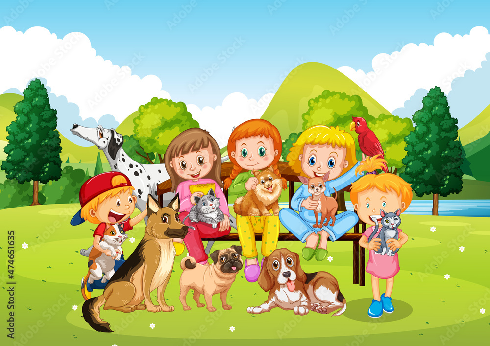 Park scene with children playing with dogs Park scene with children playing with dogs