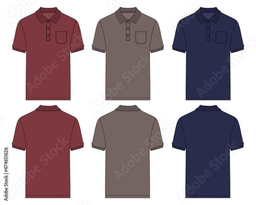 Short sleeve Polo Shirt Technical Fashion Flat Sketch vector illustration template front and back view isolated on Off white background. Red, Navy blue, Khaki color set of collection Polo tee CAD.