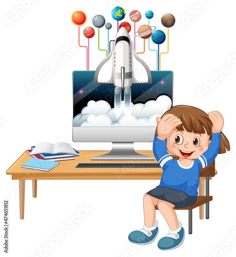 Young girl studying in front of computer