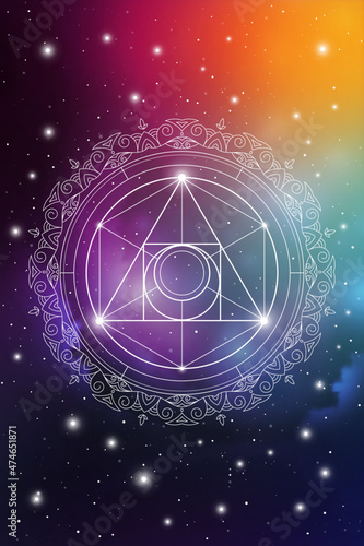 Sacred geometry zentangle inspired design template with oriental tribal ornaments. Philosopher stone ornamental new age art on space background