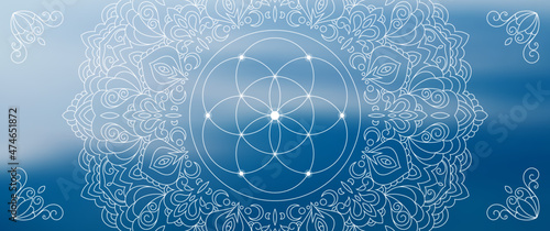 Sacred geometry zentangle inspired design template with oriental tribal ornaments. Flower of life ornamental new age art.