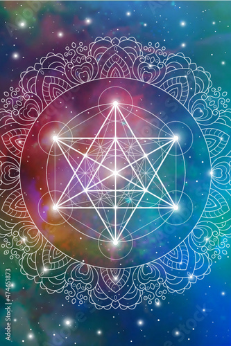 Sacred geometry zentangle inspired design template with oriental tribal ornaments. Merkaba ornamental new age art on space background