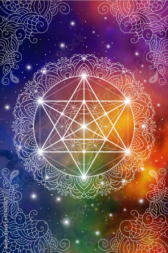 Sacred geometry zentangle inspired design template with oriental tribal ornaments. Merkaba ornamental new age art on space background