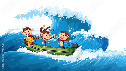 Little monkeys dancing on speed boat on ocean wave