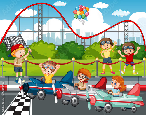 Outdoor scene with children racing car