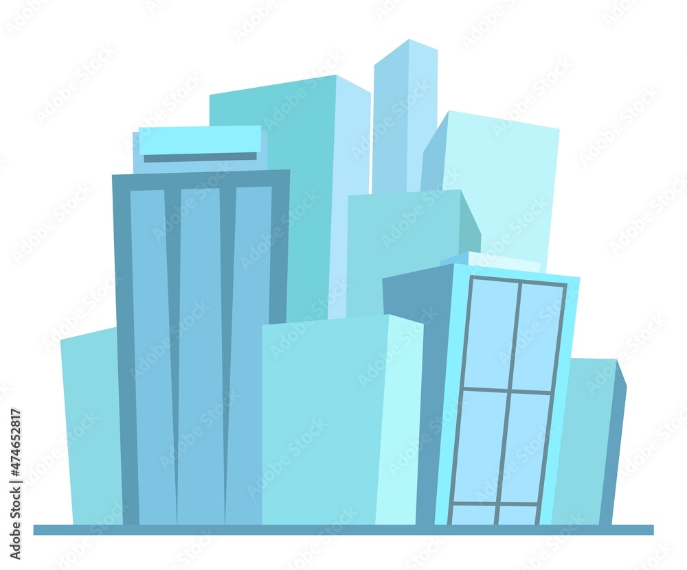 Big city from afar. Skyscrapers and large buildings. Cartoon flat style illustration. Blue city landscape Cityscape. Isolated on white background. Vector.