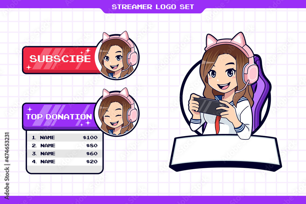 Kawaii gamer girl mascot logo set for esport or streamer vector de Stock |  Adobe Stock