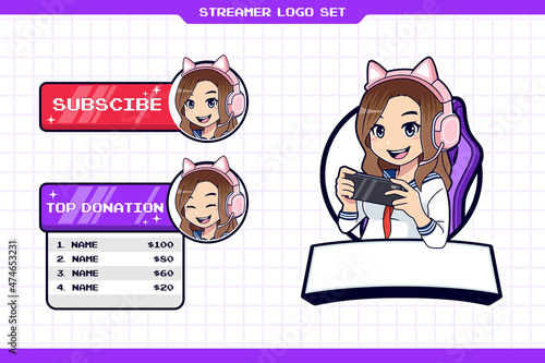 Kawaii gamer girl mascot logo set for esport or streamer