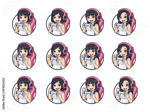 Set of cute gamer character mascot logo, Gamer girl logo for esport or streamer