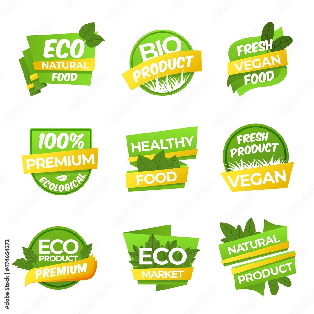 Eco product sticker. Organic tag, vegetables nature labels. Healthy bio vegan natural symbols. Fresh vegetarian food badge design, recent vector banners
