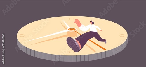 Fast lifetime. Woman hurries, jumps over clock arrow. Deadline concept, be late to work. Young girl life speed. Female on watch utter vector character