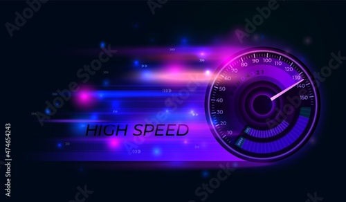 Speedometer background. Speed techno timer, action car speeding. Abstract accelerating blue and pink lines, racing indicator recent vector banner