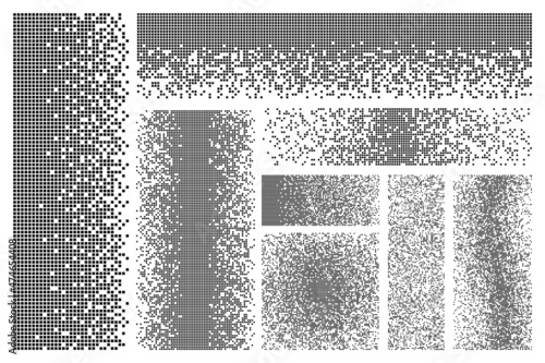 Dispersed elements. Disintegration, pixel dissolve squares effect. Pixelation shapes, dispersion fragments. Flat black destruction recent vector elements photo
