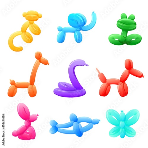 Balloon animals. Bright party balloons, kids birthday entertainment tools. Isolated abstract frog, dog, monkey. Funny cute toy, recent vector collection