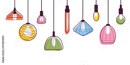 Hanging lamps banner. Lamp background, contemporary loft style decorative chandeliers. Vintage lantern, isolated doodle lighting decent vector elements