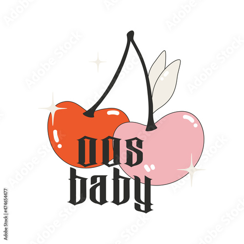 00s baby vector lettering quote and cute cherry isolated on white background. Modern vector illustration Y2k. Nostalgia for the 2000 years. Perfect print for tsirt photo