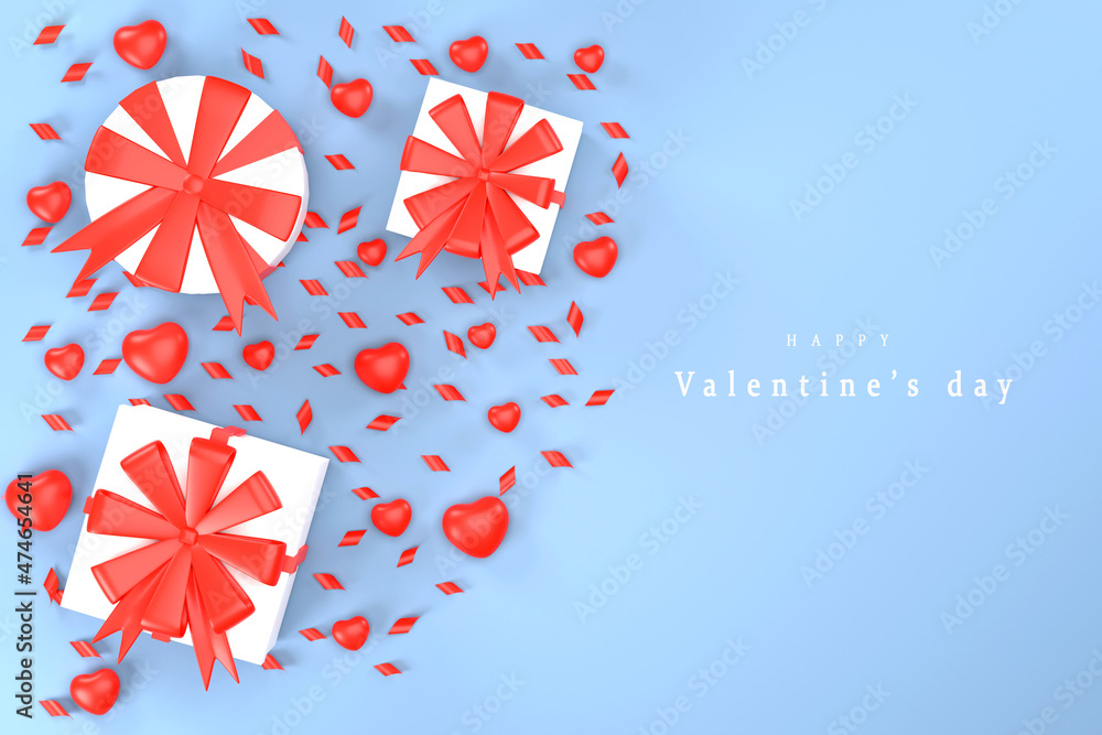 Fototapeta premium Top view of gift boxes, hearts and ribbons on blue background Valentine's Day concept