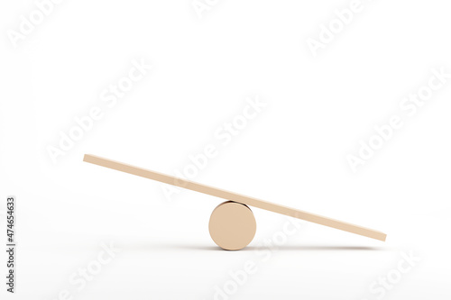 Unbalance concept, board on wooden top hat like unbalance isolated on white background.