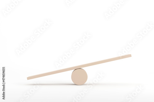Unbalance concept, board on wooden top hat like unbalance isolated on white background.