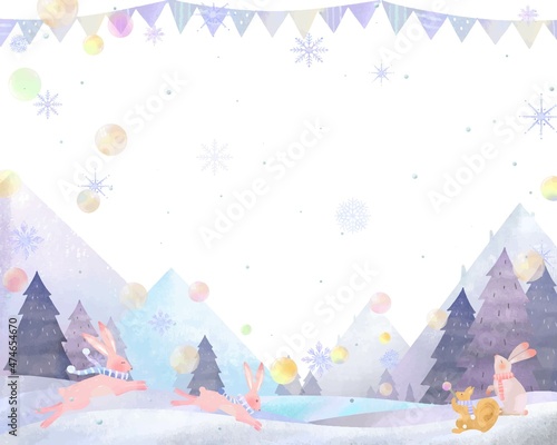 うさぎとリスとシャボン玉の北欧風冬の木々と雪の結晶のおしゃれなベクター白バックフレームイラスト素材
