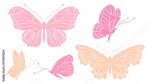 Butterfly silhouettes. Pink peach color butterflies. Isolated flying insects. Decorative print wild characters. Spring, summer seasonal vector set