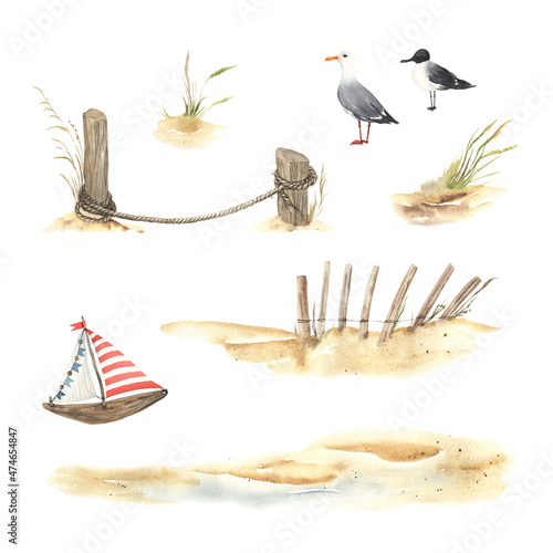 Set of beach compositions with seagulls and boat, watercolor collection decoration elements isolated on white background for your design summer poster, banner or card with symbols marine sand coast.