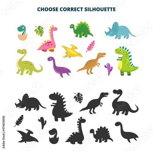 Children puzzle with dinosaur. Choose dino silhouette  t-rex or pterodactyl. Cartoon cute dinosaurs and black shapes. Isolated prehistoric vector characters