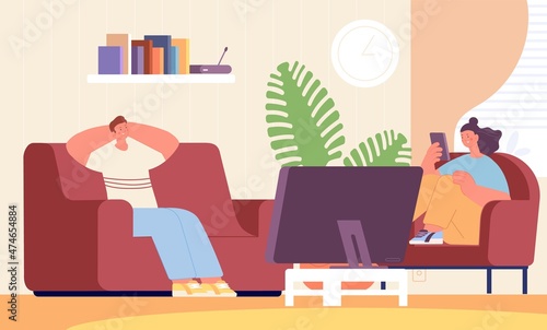 Couple relax in living room. Man and woman rest at home. Watching tv and surfing in internet. Girl sitting in chair and using smartphone, vector concept